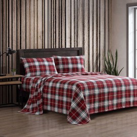Eddie Bauer - Queen Bed Sheets, Cotton Flannel Bedding Set with Matching Pillowcases, Brushed for Extra Softness, Deep Pocket, Oeko-Tex Certified (Heartland Plaid Red)