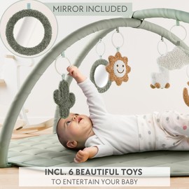 Beautiful Baby Play Gym and Tummy Time Mat - Soft Cotton Mat with 6 Cute Toys Creates The Perfect Activity Area for Your Girl/Boy - Stylish Infant Floor Playmat Fits Nicely with Any Playroom Decor