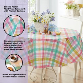Newbridge Easter Simone Pastel Plaid Vinyl Flannel Backed Tablecloth, 70 Inch Round, Cottage Plaid Easy Care Vinyl Indoor Outdoor Table Cover with Flannel Backing
