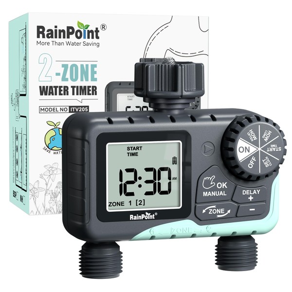 RAINPOINT Water Timer 2-Outlet, Digital Sprinkler Timer with Rain Delay/Manual/Automatic