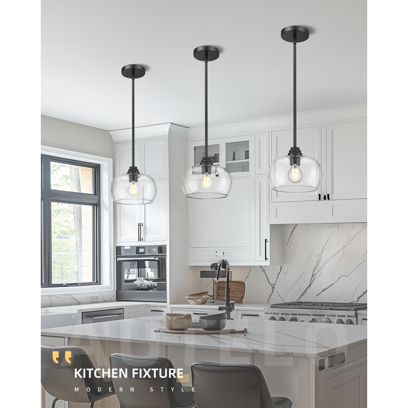 AUTELO Black Pendant Lights Kitchen Island, 1-Light Pendant Lights in