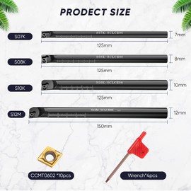 14 Pieces Lathe Boring Bar Set 4 Pcs 95 Degree S07K/ S08K/ S10K/ S12M-SCLCR06 Lathe Boring Internal Turning Bar Holder with 10 CCMT0602 Carbide Inserts and 4 Pieces Wrench
