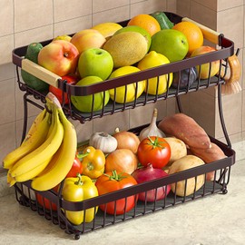 Sevenblue 2 Tier Large Fruit Basket for Kitchen Counter with 2 Mobile Banana Hangers, 2026 Pro Detachable Metal Fruit Bowl with Wooden Handle (Brown, 2 Tier)