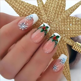 SINSEN Christmas Press on Nails White French Christmas Fake Nails, Medium Square Acrylic Christmas False Nails with Snowflake Designs, Full Cover Christmas Flower Glue on Nails for Women, 24Pcs