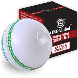 ONEGlobal Supreme Leather Cricket Ball | 100% Handstitched, 156g - 5.5oz, 4-Piece Premium Leather, Waterproofing | Match Quality Hard Cricket Balls for League Maches, Net Practice etc. (1-White)