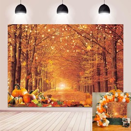 WR Autumn Maple Forest Backdrop Fall Harvest Maple Leaves Pumpkin Corn Flash Background Thanksgiving Harvest Party Kids Adult Portrait Table Decoration Props 7x5FT