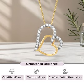 Jewelili Tilted Double Heart Pendant Necklace in Yellow Gold Plated Sterling Silver with 1/5 Cttw Lab Grown Diamond 18" Cable Chain, Yellow Gold Plated Sterling Silver, lab grown diamond