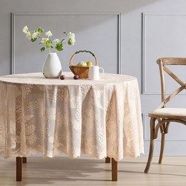HLC.ME Butterfly Floral Lace Fabric Tablecloth, Lace Fabric Table Cloth for Round Tables, Wrinkle Resistant Tablecloth, Patterned Scalloped Tablecloth (90 Round, Linen Taupe)