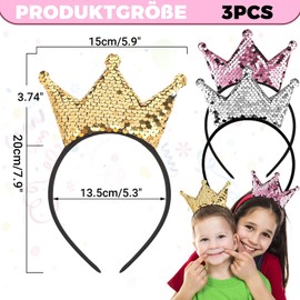 Sequin Crown Headband, Pack of 3 Glitter Hair Bands, Golden Headbands, Glitter Headbands, Princess Crown Hair Band for Women, Christmas Party Supplies (Gold/Grey/Pink)