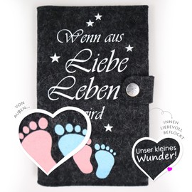 Goldi-Design Deluxe maternity log cover "Wenn aus Liebe Leben Wird..." with extra compartments and closure made from 100% wool felt - made in Germany, charcoal, Classic