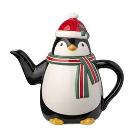 Christmas Whimsy Penguin Teapot – 3D 26oz Ceramic Holiday Teapot with Lid, Sculpted Penguin in Santa Hat & Scarf, Winter Tabletop Décor & Serveware for Tea, Cocoa & Festive Entertaining