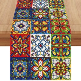 Jiudungs Linen Mexican Talavera Ceramic Tile Table Runner 72 Inches Long Mexican Fiesta Tablecloth Cinco De Mayo Party Decoration and Supplies for Table