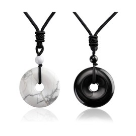Jovivi 2pcs Circle Donut Healing Crystals Necklace Natural White Turquoise Black Obsidian Gemstone Amulet Lucky Coin Donuts Protection Reiki Chakra Stone Pendant Necklace for Couples Lovers Gifts