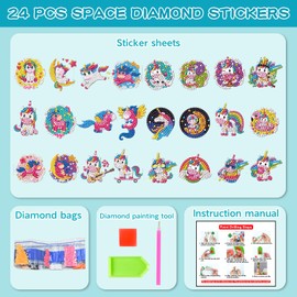 EFNHJF5 Pack of 24 Diamond Painting Children, Diamond Painting Unicorn, Diamond Painting Stickers, Unicorn Stickers, Toddlers Colour Stickers from 4 5 6 7 8 9 10 Years Girls