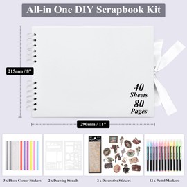 DazSpirit DIY Scrapbook Photo Album with Ribbon, 80 Pages/40 Sheets Scrap Book Rectangle Hardcover Photo Book, With 12 Marker Pens & 7 Stickers, Ideal for Scrapbooking, Arts, Crafts and DIY, White