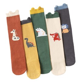 queenland 5 Pairs Cartoon Animal Baby Boys Gilrs Knee High Socks Cotton Newborn Socks Kids Toddler Socks Tube Uniform Long Stockings (1-12 months)