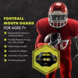 DAMAGE CONTROL Youth Football Mouth Guard – Breathable No Boil Mouthpiece, Protects Lips & Teeth, Works with Braces, Includes Helmet Strap – Sports Gear & Accessories (Him)