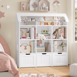 FOTOSOK Toy Storage Organizer with House-Shaped Design, Kids Bookshelf Dollhouse Bookcase with 3 Movable Drawers and 6 Storage Cubbies, Toy Organizers and Storage Toy Shelf Organizer for Playroom