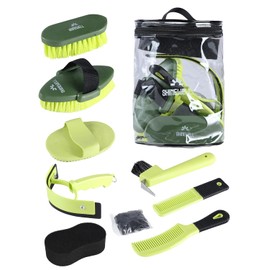 ShineWell Kit de cepillos para el cuidado de caballos Shinewell de 8 piezas con bolsa organizadora, serie de cuidado para el cuidado de caballos, juegos de cepillos para caballos, color verde