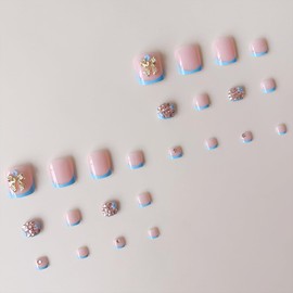 Purple French Tip Press on Toenails Bow Fake Toe Nails Full Cover False Toenails Glossy Acrylic Glue on Toenails Flowers Toe Press on Nails Short Square Artificial Stick on Toenails for Women 24 Pcs