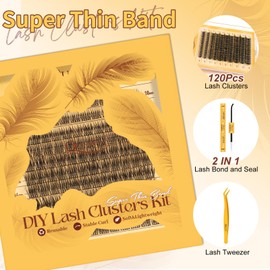 QUEWEL Cluster-Lashes-Kit Natural Look, D Curve Wispy Eyelash Extension, 120 Pcs Super Thin Band Eyelash Clusters with Lash Bond and Seal and Lash Tweezer, Easy to use at Home (Feather 03-kit）