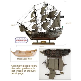 SAILINGSTORY Wooden Pirate Ship Model Black Pearl Sailing Ship Sailboat Decor 20.5" Antique Sails