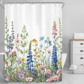 Riyidecor Narrow Stall Small Shower Curtain for Bathroom Decor 54Wx78H Wildflower Floral Spring Flowers Watercolor Botanical Plants Art Printed Fabric Polyester Waterproof 12 Pack Plastic Hooks