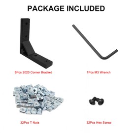 8Pcs 2020 Black Corner Brackets Set with 32Pcs M5 T Slot Nuts, 32Pcs M5x12mm Hex Socket Cap Screw and 1Pcs M3 Wrench for 2020 Series Aluminum Extrusion Profile