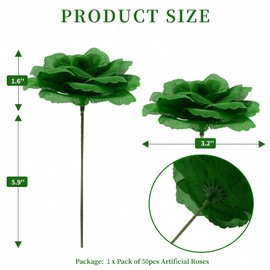 Eternal Blossom Rose Head Flowers with Stem,50 Dark Green Artificial Flowers,Used for Wedding Decoration DIY Handmade Flowers Silk Fake Rose 3 Inches and 6 Inches Stem Decorations