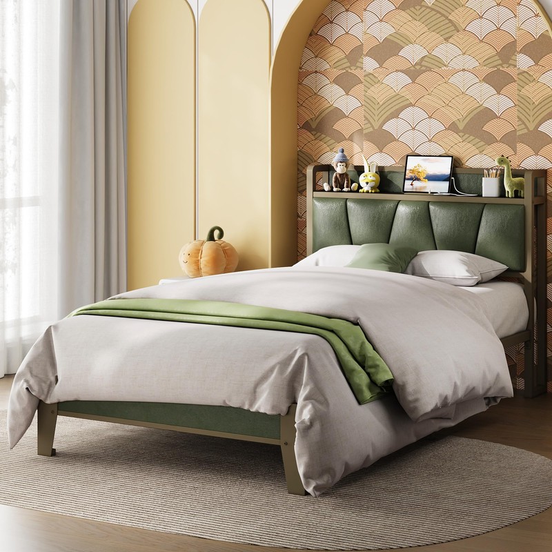 LIKIMIO Twin XL Bed Frame, Storage Headboard with Charging Station,