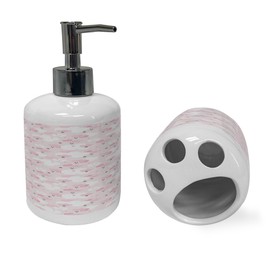 Ambesonne Pastel Soap Dispenser & Toothbrush Holder Set, Smiling Rain Clouds and Stars Cheerful Themed Pattern in Soft Colors Print, Ceramic Bathroom Toiletry Accessories, 2 Pcs, Pale Pink and White