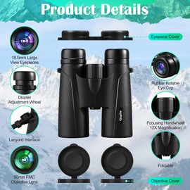 12x50 High Power Binoculars for Adults,Compact Binoculars for Bird Watching with Clear Vision,BAK4, FMC, Waterproof Small Binoculars for Travel Stargazing Hunting Concerts with Carrying Case and Strap