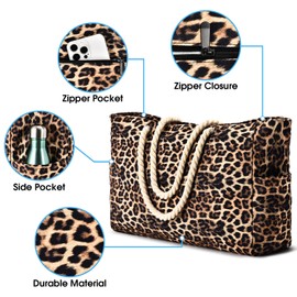 oscaurt Beach Bag Striped Tote Bag Swimming Bag Waterproof Beach Bag Large with Zip Shopper Bag Women's Beach Bag XXL Family Shopping Bag Shoulder Bag Plain Bag Travel Bag, leopard