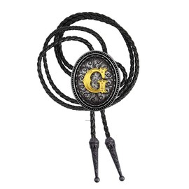 XGALBLA Golden Initial Letter G in Ellipse Flower Western Cowboy Vintage Bolo Tie with Cowhide Rope