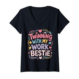 Womens Twinning With My Work Bestie Friend Twin Funny Besties V-Neck T-Shirt