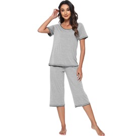 WiWi Viscose from Bamboo Pajamas Set for Women Short Sleeve Sleepwear 2 Piece Tops & Capri Pants Pjs Sets S-XXL, Heather Grey, X-Large