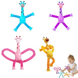 4 PCS Telescopic Suction Cup Giraffe Toy,Cartoon Telescopic Suction Cup Giraffe Toy Tubes Toy Giraffe Educational Stress Relief Tubes Toy Fun Parent-Child Interaction Puzzle Toys