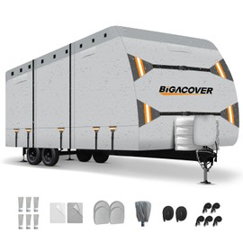 Travel Trailer RV Cover 18-20 FT, Heavy Duty 420D Oxford Waterproof Camper Cover with Zipper Door, Windproof Straps, UV Protection, Vents & Wheel Covers Accessories