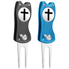 Golf Divot Repair Tool with Magnetic Ball Marker - Stainless Steel Foldable Divot Tool & Golf Divot Tool Featuring Cross Design for Faith-Based Golfers | Perfect for Greens Repair (1 blue + 1 black)