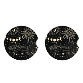 Adastrah Absorbent Car Coasters 2 Pack for Cup Holders, 2.56" Ceramic Stone & Non-Scratch Cork Base Drink Coasters(Moon and Sun)