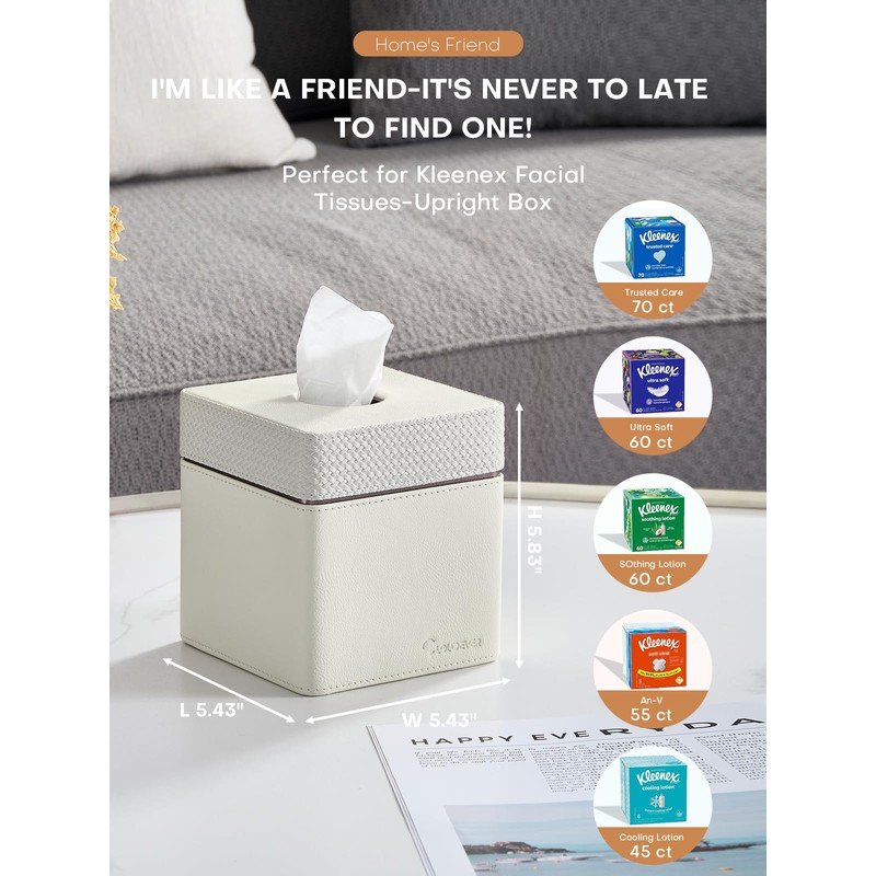 Cloudever Tissue Box Holder Cover, Modern PU Leather Square Decorative