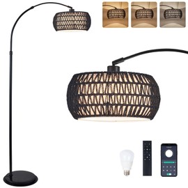 SMASURE Arc Floor Lamp with Remote App Control Natural Rattan 100% Hand-Woven Dimmable Boho Rattan Floor Lamps with 3 Color Temperature Floor Lamps for Living Room Bedroom Offices(Black)