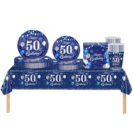 69pc Navy Silver 50th Decorations - Tableware, Tablecloth, Plates, Napkins, Cups for Him/Her Birthday Gift