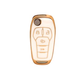 HEYEZQTY 4 Button Flip Key TPU Key Fob Cover Shell for Ford Fusion 2013 2014 2015 2016 2017 Bronco 2021 2022 F-150 2017-2022 F-250 F-350 F-450 F-550 2015-2021 Ranger 2019-2023 (flip Key Gold White)