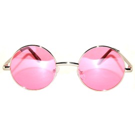Round Retro Vintage Circle Style Sunglasses Pink Lens Silver Metal Frame