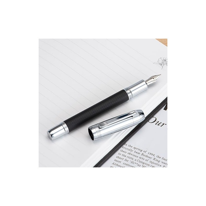 Jinhao 92 Pluma estilográfica negra plateada, punta media, metal sólido