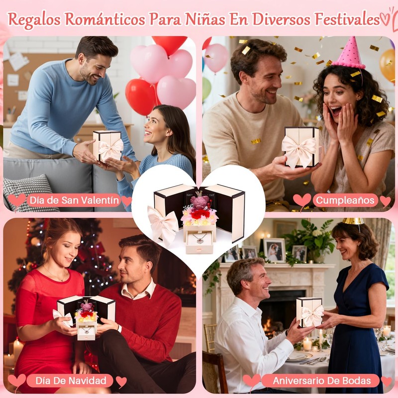 Nasjac Flor Rosa Eterna,Collar y Pendientes,Oso LED,Regalo Ideal para Mujer
