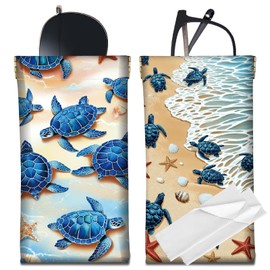 CREATCABIN Pack of 2 Slim Leather Glasses Case Portable Soft Sunglasses Case Bag with Squeeze Closure Turtles Glasses Holder Travel Bag Waterproof with Cleaning Cloth for Holiday 18 x 9 cm