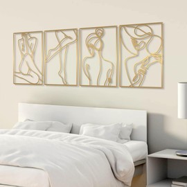 Glamativity Small 4 Pack Gold Wall Art Decor, 13 x 9''Female Flower Face Lover Minimalist Décor Single Line Art Wall Décor, Real Metal Wall Art, Woman's Body Shape Abstract Wall Art, for Kitchen Bedroom Living Room