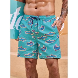 ERECT PEAK Men's Trendy Board Shorts New Cozy Trunk Print Graphic UPF 50+ Pockets Beach 6 Inch Inseam Dry Fit Drawstring Moisture Wicking Breathable Solid Swim Shorts Green Shark L